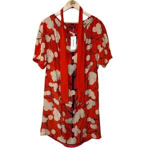 Marimekko Dress 100% Silk Konkelo Print Floral Flowy Tie Belt Orange Size Medium